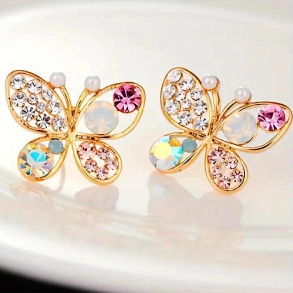 Butterfly Multicolor Rhinestone  Earrings  Gold Platinum Alloy - Picture 2 of 5